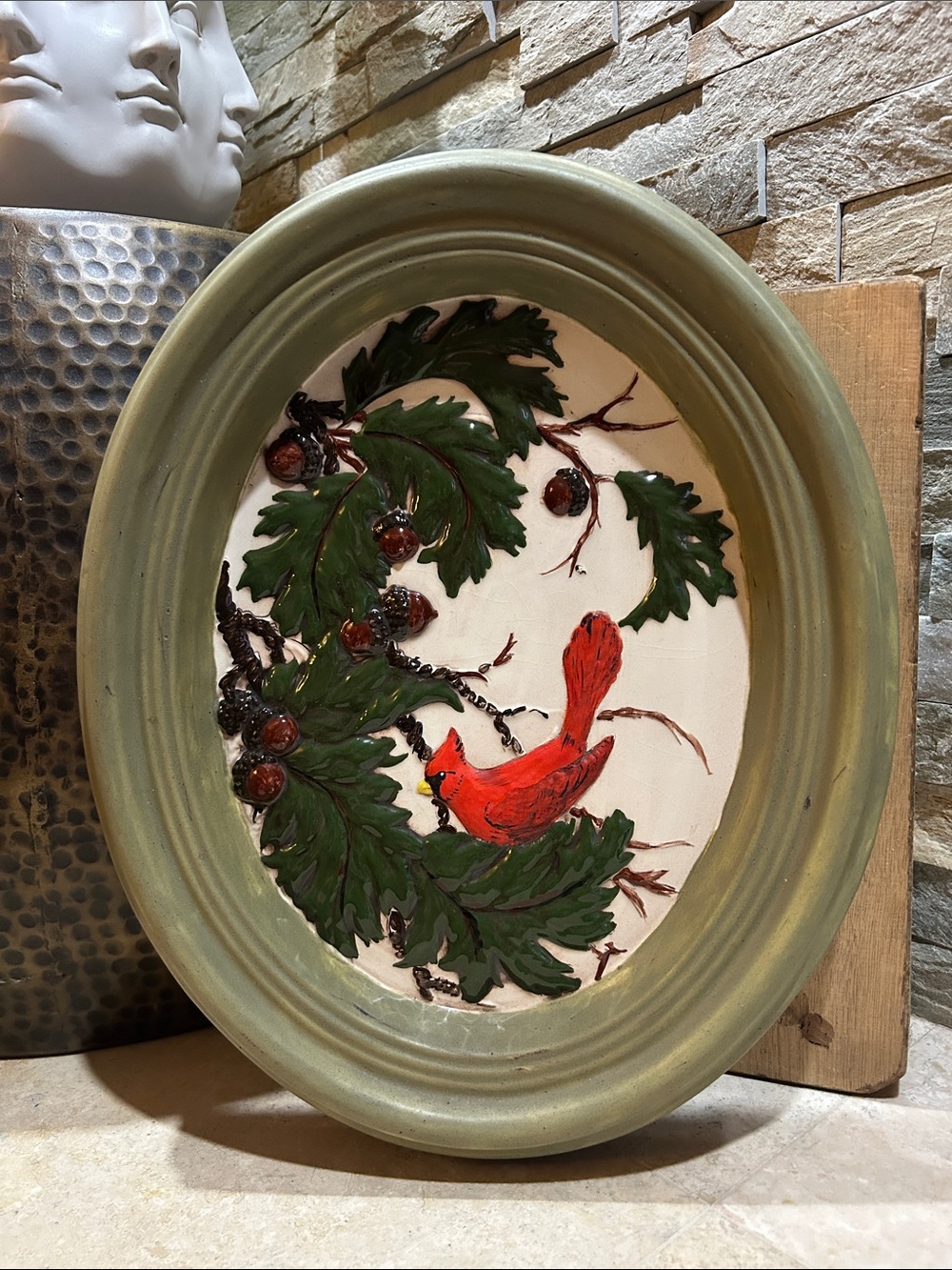 Vintage Hand-painted Atlantic Mold ceramic Cardinal oval wall plaque